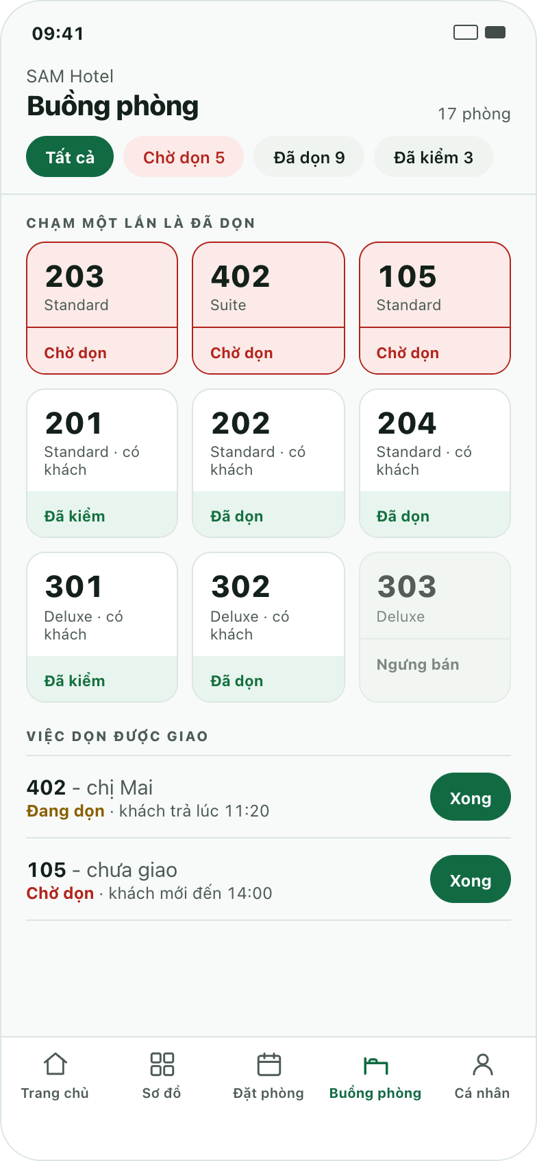 Màn Buồng phòng của app myPMS