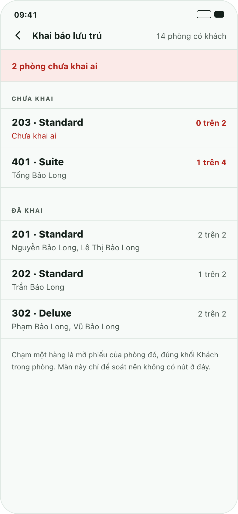 Màn Khai báo lưu trú của app myPMS
