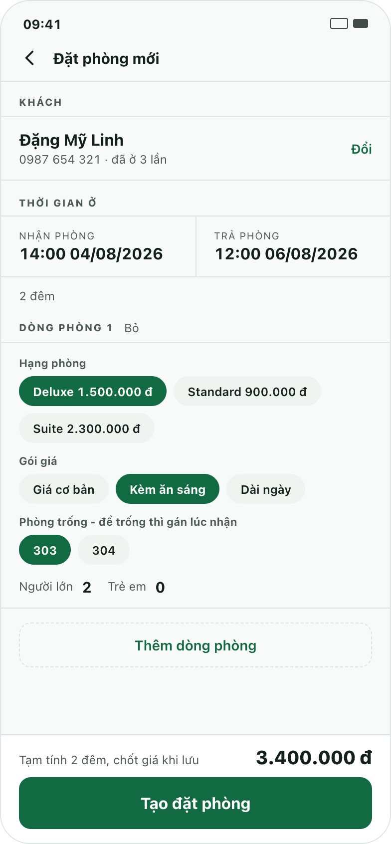 Màn Đặt phòng mới của app myPMS